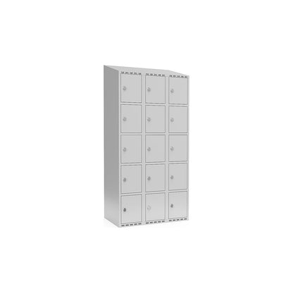 Fydor 5-fold compartment locker, 3 compartments, light grey, W 900 mm, sloping roof shape, padlock.