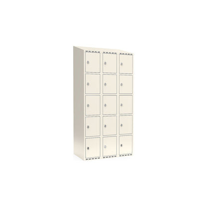 Fydor 5-fold compartment locker, 3 compartments, white, W 900 mm, sloping roof shape, padlock.
