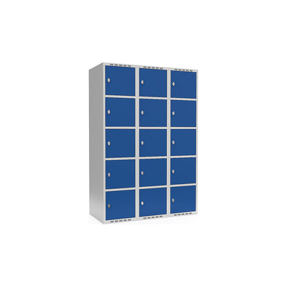 Fydor 5-fold compartment locker, 3 compartments, light grey / gentian blue, W 1200 mm, flat roof shape, padlock.