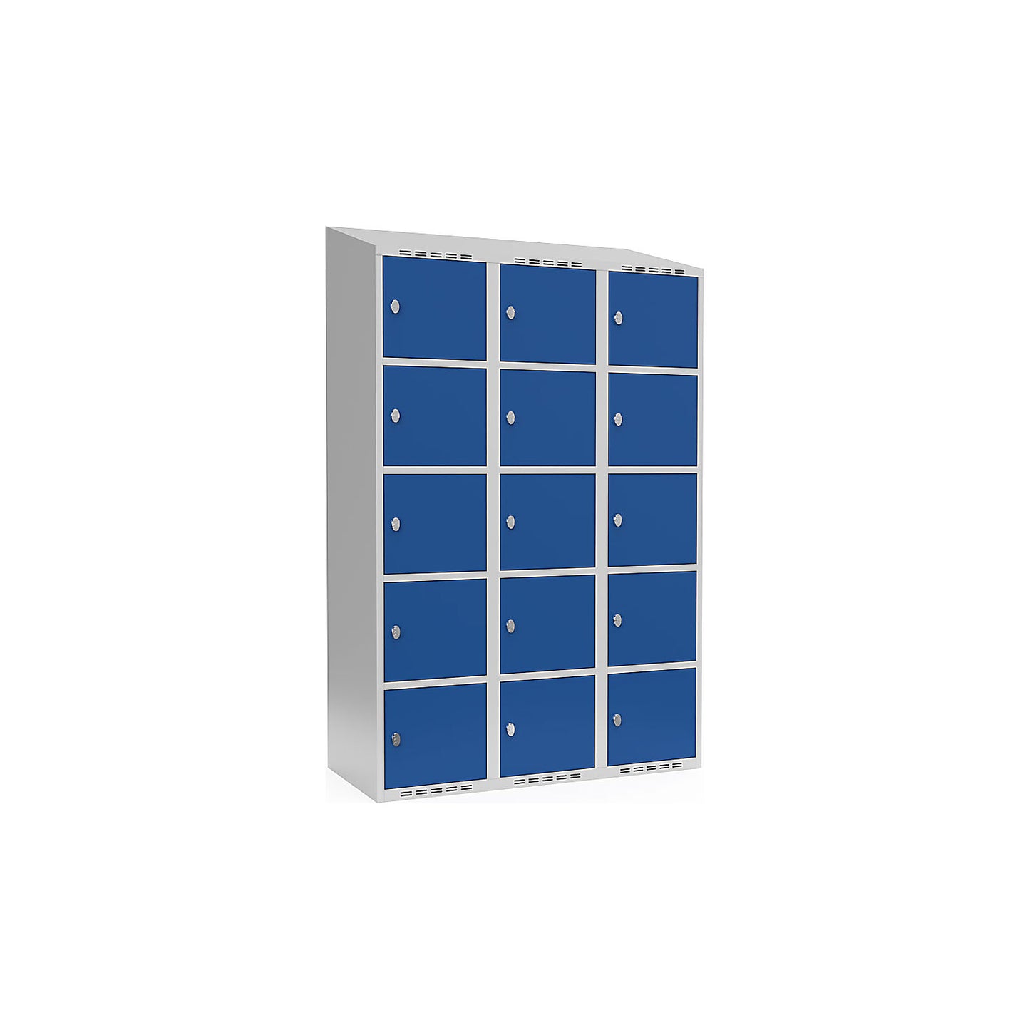 Fydor 5-fold compartment locker, 3 compartments, light grey / gentian blue, W 1200 mm, sloping roof shape, padlock.