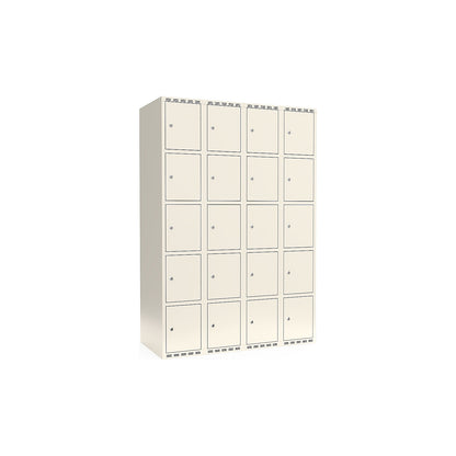 Fydor 5-fold compartment locker, 4 compartments, white, W 1200 mm, flat roof shape, cylinder lock.