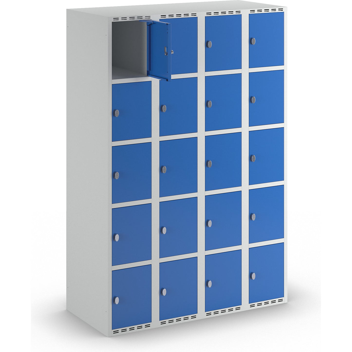Fydor 5-fold compartment locker, 4 compartments, light grey / gentian blue, W 1200 mm, flat roof shape, padlock.