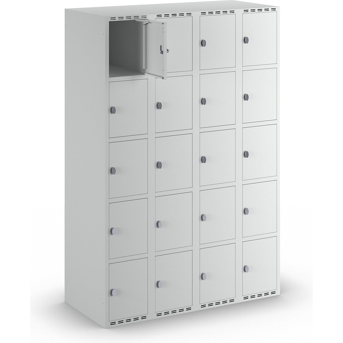 Fydor 5-fold compartment locker, 4 compartments, light grey, W 1200 mm, flat roof shape, padlock.