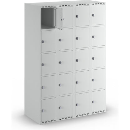 Fydor 5-fold compartment locker, 4 compartments, light grey, W 1200 mm, flat roof shape, padlock.