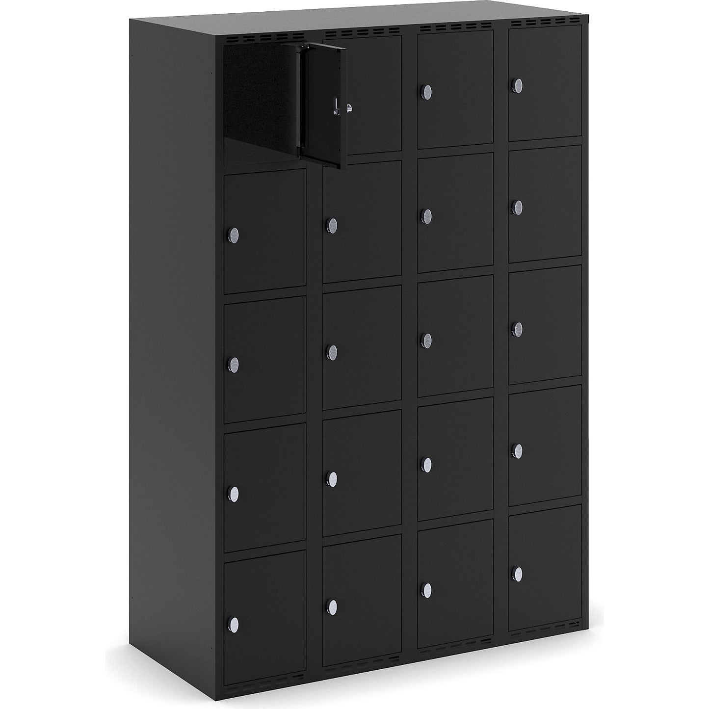 Fydor 5-fold compartment locker, 4 compartments, black, W 1200 mm, flat roof shape, padlock.