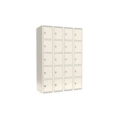 Fydor 5-fold compartment locker, 4 compartments, white, W 1200 mm, flat roof shape, padlock.