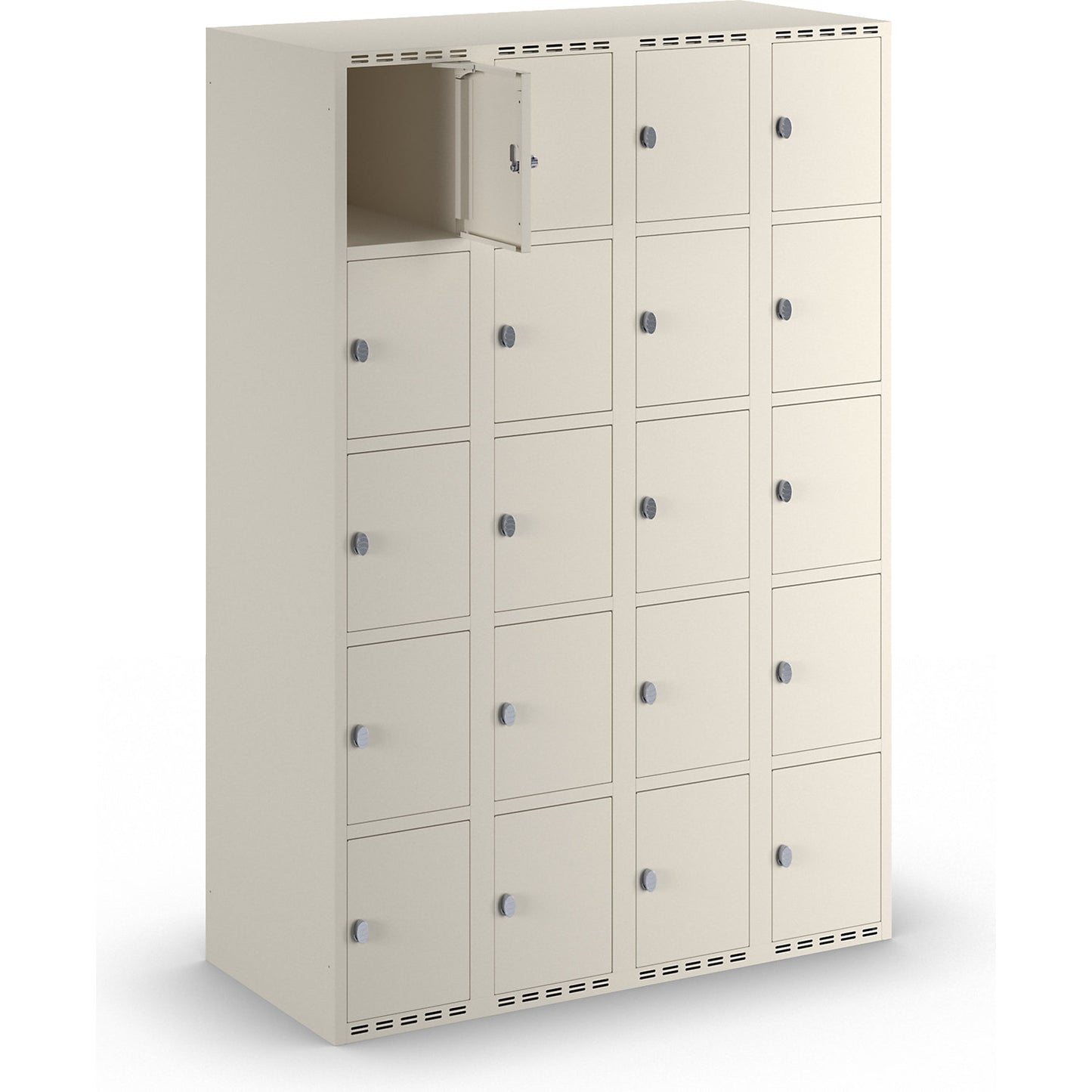 Fydor 5-fold compartment locker, 4 compartments, white, W 1200 mm, flat roof shape, padlock.