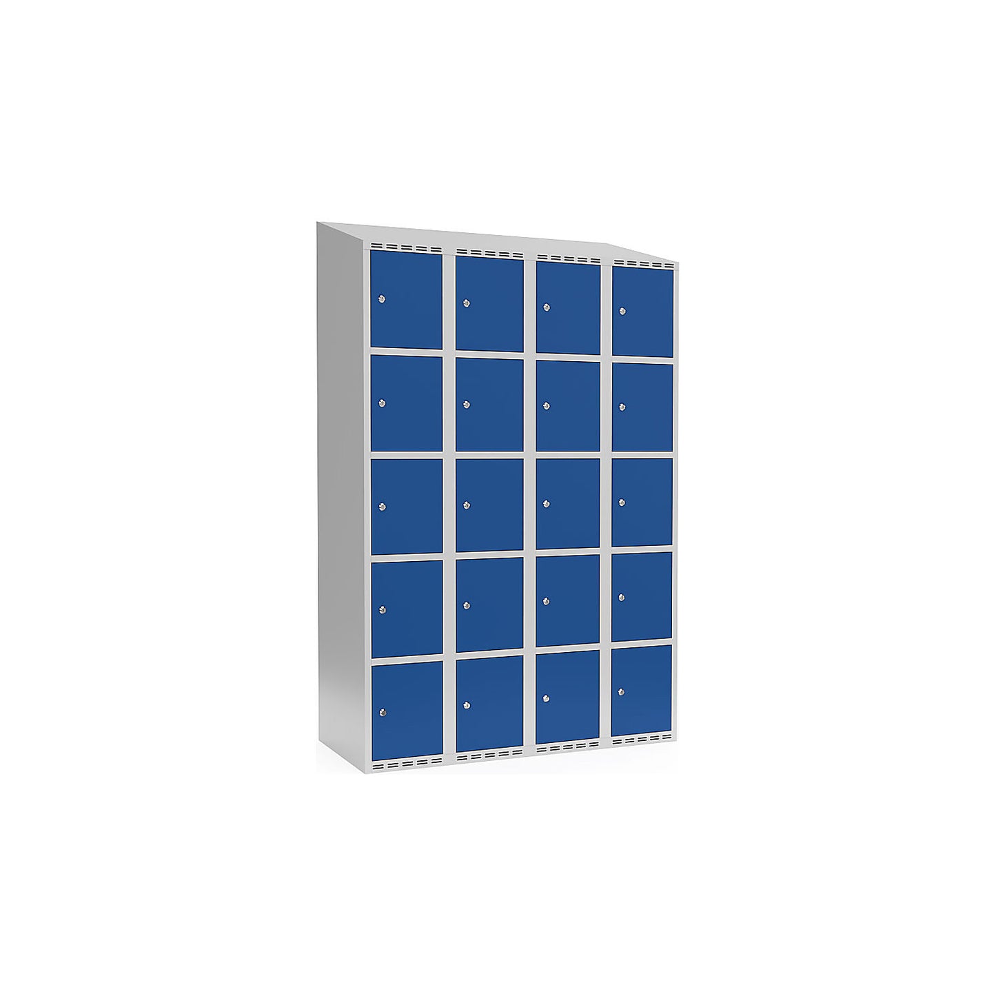 Fydor 5-fold compartment locker, 4 compartments, light grey / gentian blue, W 1200 mm, sloping roof shape, cylinder lock.