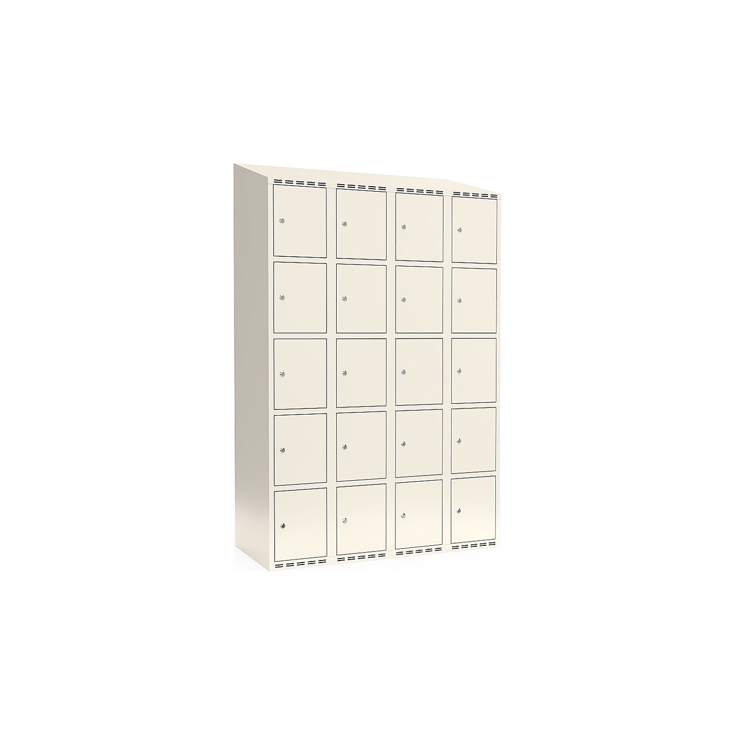 Fydor 5-fold compartment locker, 4 compartments, white, W 1200 mm, sloping roof shape, cylinder lock.
