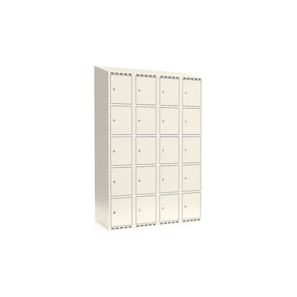Fydor 5-fold compartment locker, 4 compartments, white, W 1200 mm, sloping roof shape, cylinder lock.