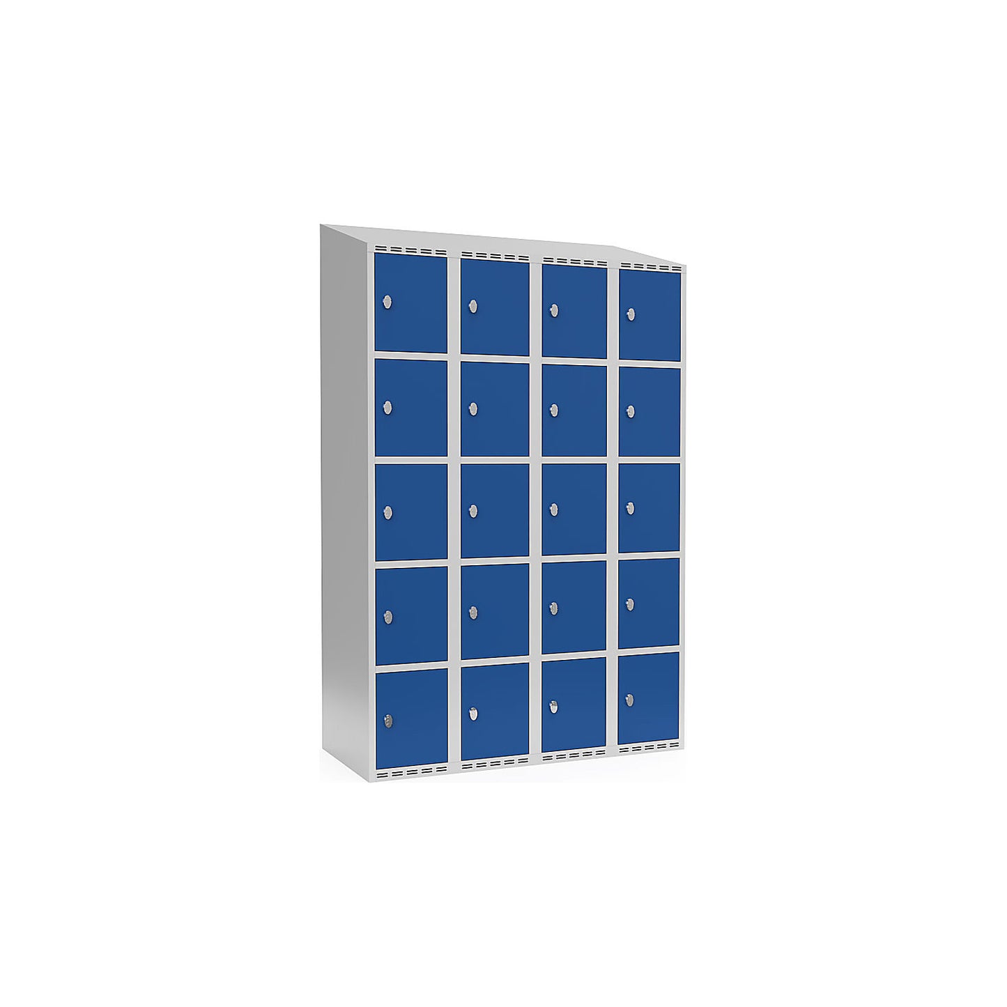 Fydor 5-fold compartment locker, 4 compartments, light grey / gentian blue, W 1200 mm, sloping roof shape, padlock.