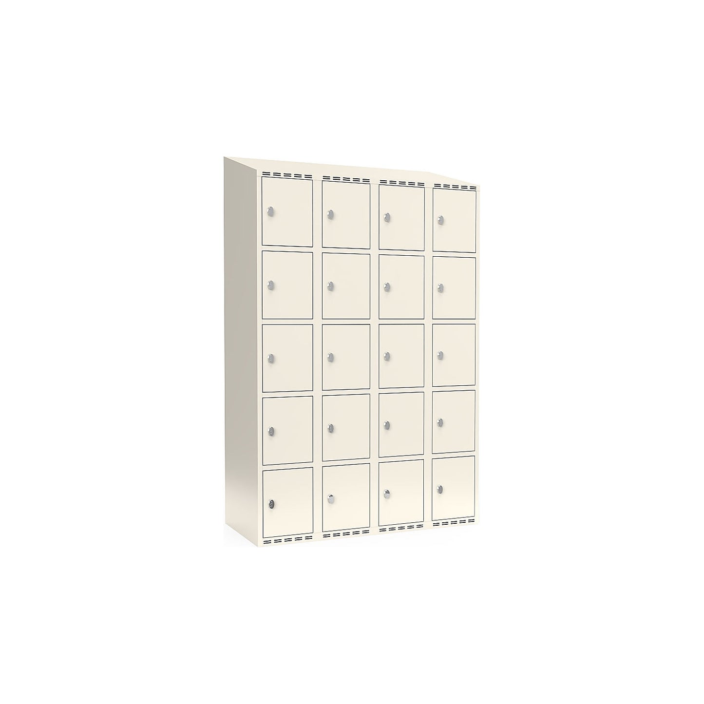 Fydor 5-fold compartment locker, 4 compartments, white, W 1200 mm, sloping roof shape, padlock.
