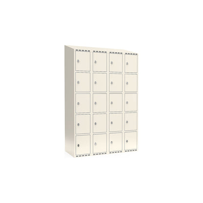 Fydor 5-fold compartment locker, 4 compartments, white, W 1200 mm, sloping roof shape, padlock.