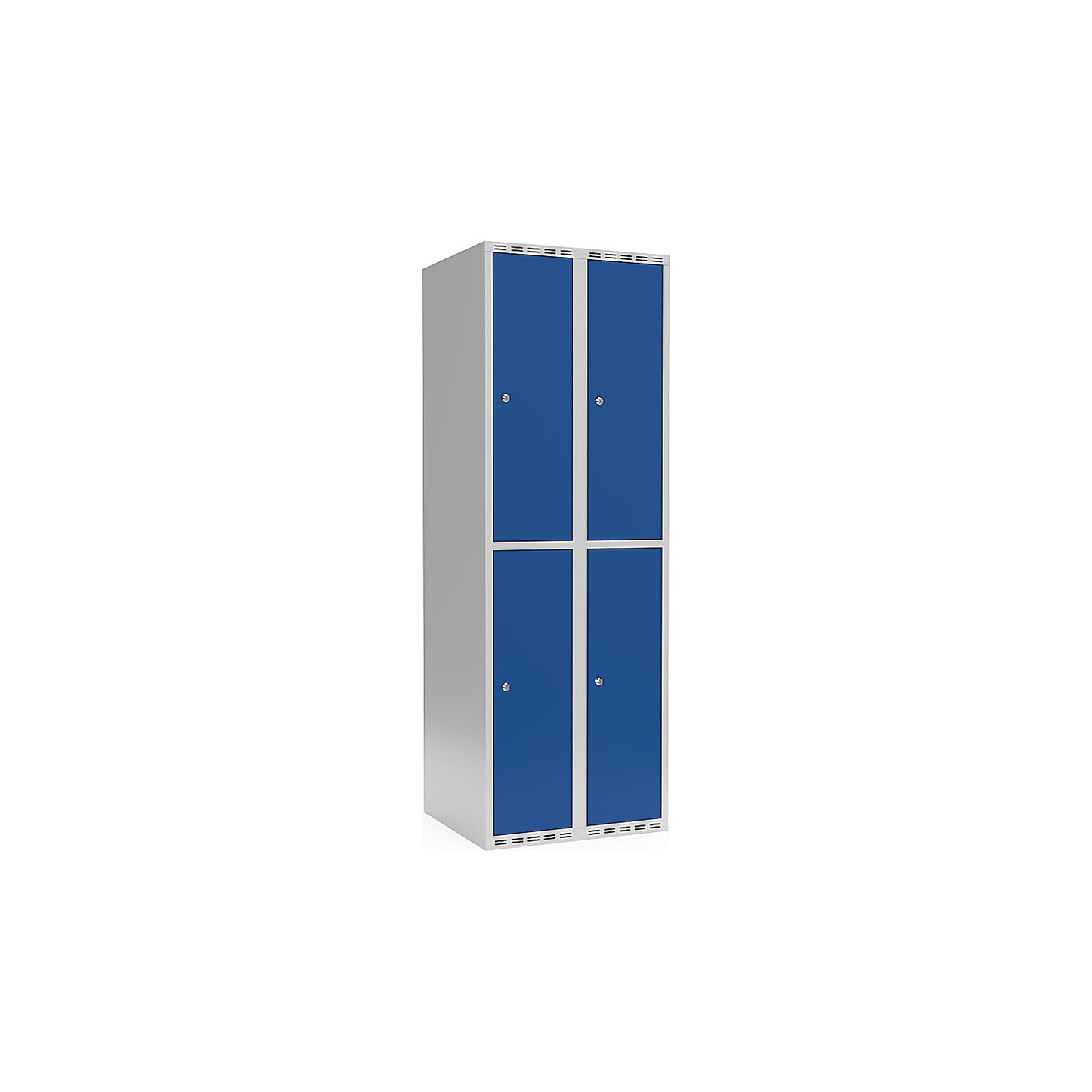 Fydor double deck clothes locker, 2 compartments, light grey / gentian blue, W 600 mm, flat roof shape, cylinder lock.