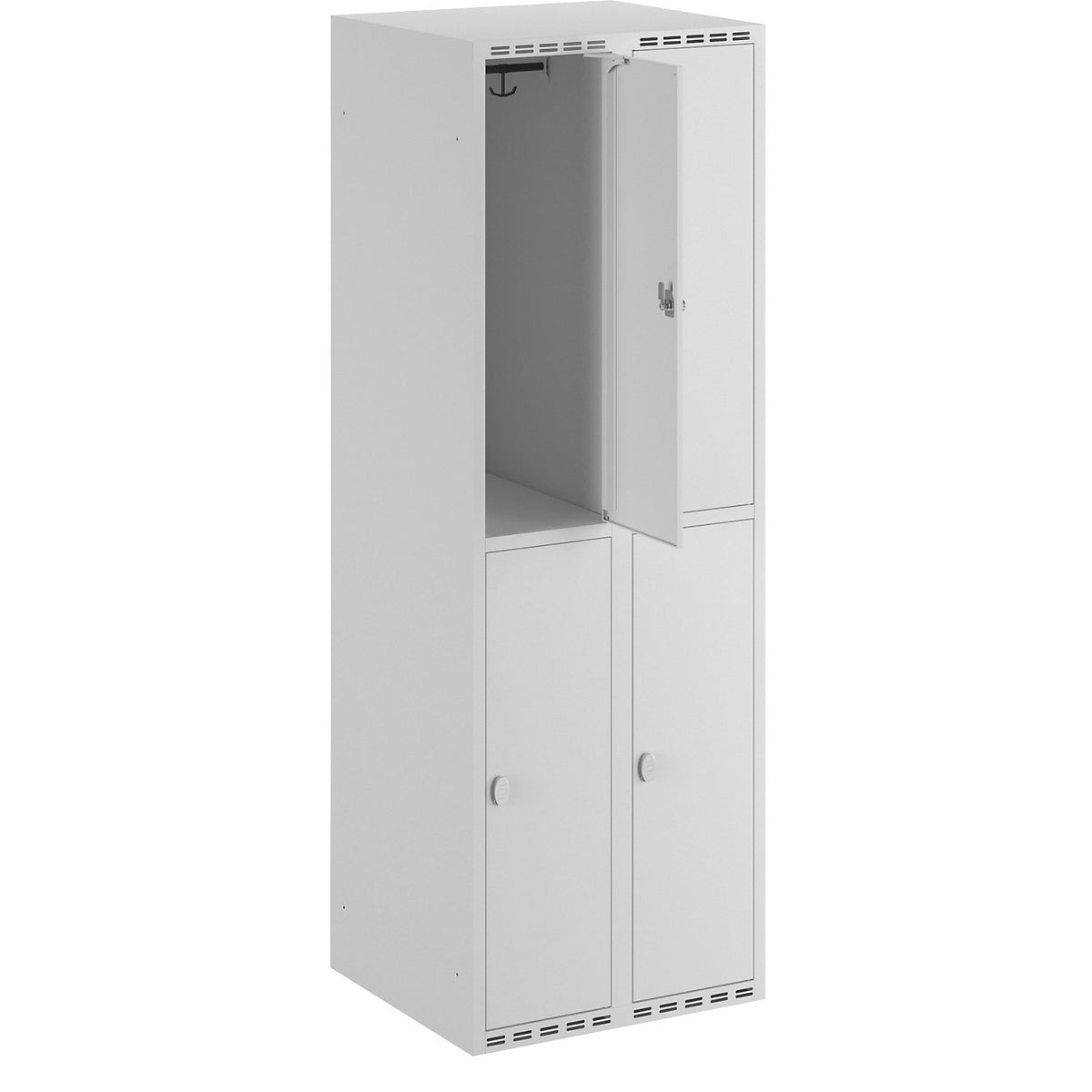 Fydor double deck clothes locker, 2 compartments, light grey, W 600 mm, flat roof shape, padlock.