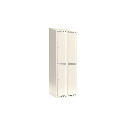 Fydor double deck clothes locker, 2 compartments, white, W 600 mm, sloping roof shape, cylinder lock.