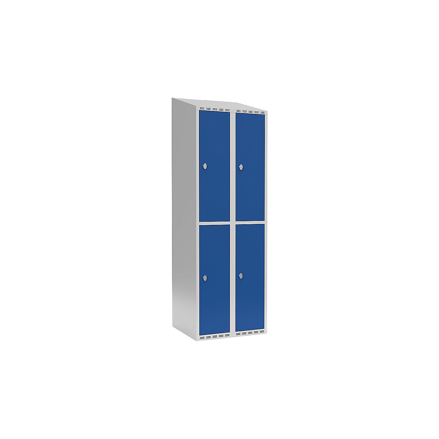 Fydor double deck clothes locker, 2 compartments, light grey / gentian blue, W 600 mm, sloping roof shape, padlock.