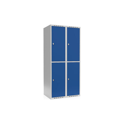 Fydor double deck clothes locker, 2 compartments, light grey / gentian blue, W 800 mm, flat roof shape, padlock.