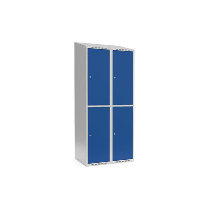Fydor double deck clothes locker, 2 compartments, light grey / gentian blue, W 800 mm, sloping roof shape, cylinder lock.
