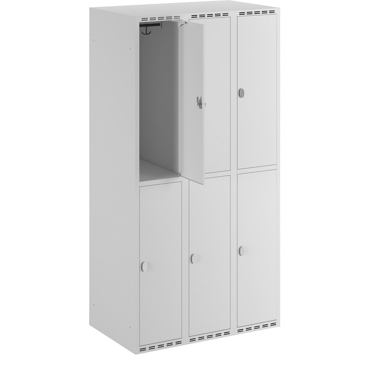 Fydor double deck clothes locker, 3 compartments, light grey, W 900 mm, flat roof shape, padlock.