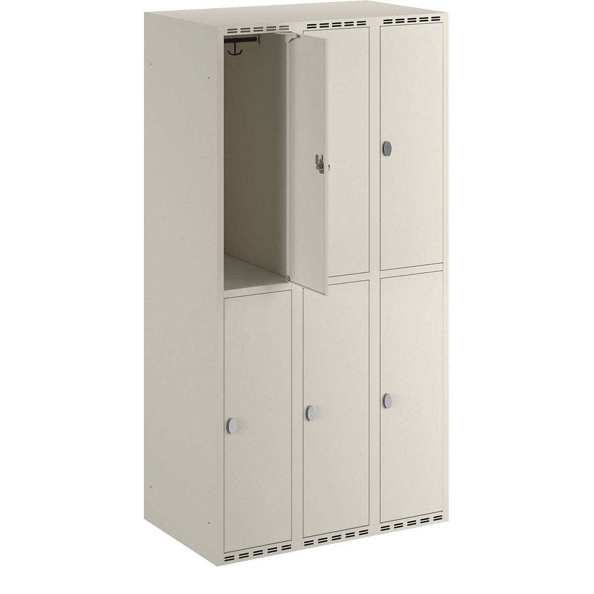 Fydor double deck clothes locker, 3 compartments, white, W 900 mm, flat roof shape, padlock.
