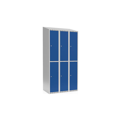 Fydor double deck clothes locker, 3 compartments, light grey / gentian blue, W 900 mm, sloping roof shape, cylinder lock.