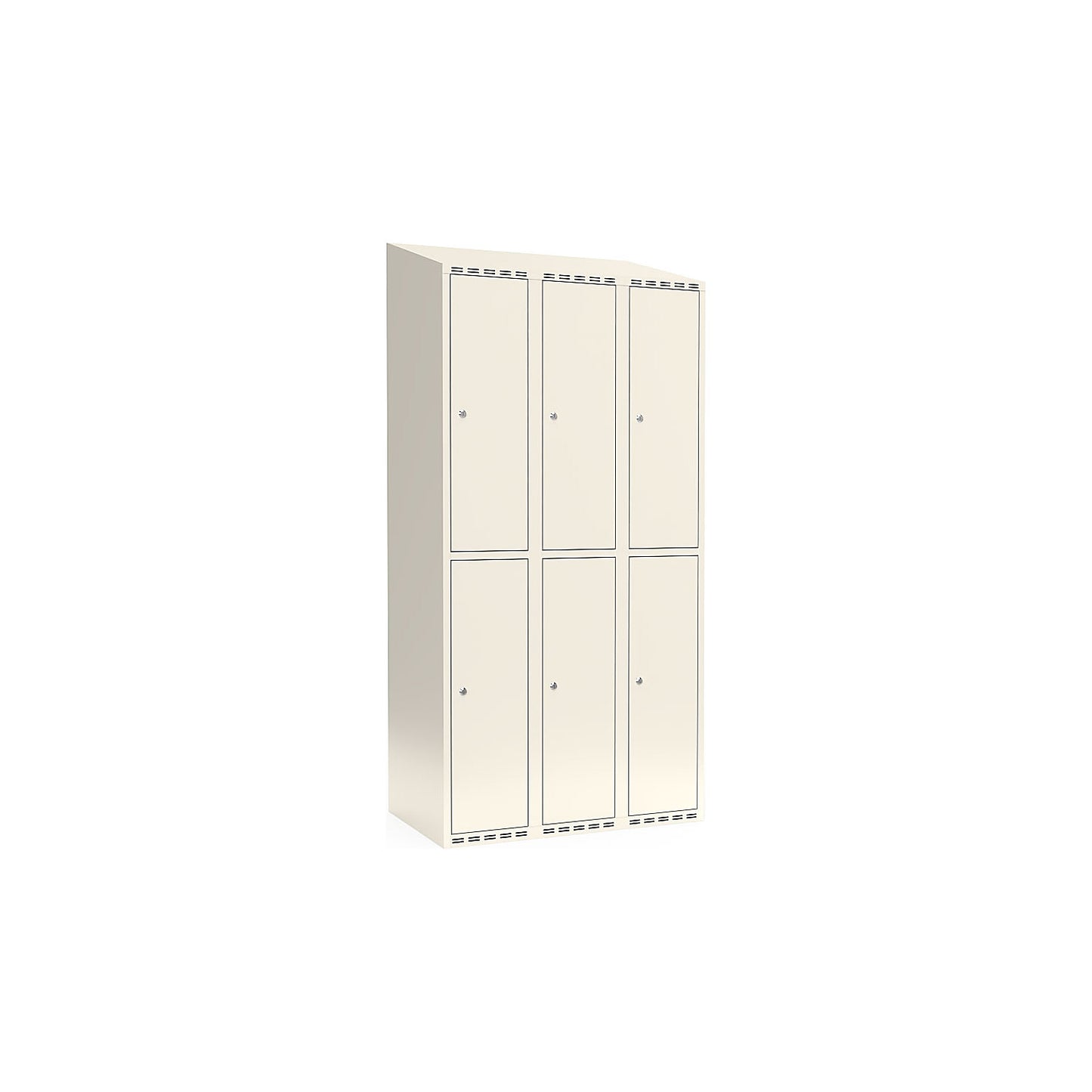 Fydor double deck clothes locker, 3 compartments, white, W 900 mm, sloping roof shape, cylinder lock.