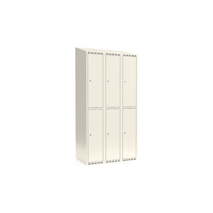Fydor double deck clothes locker, 3 compartments, white, W 900 mm, sloping roof shape, cylinder lock.