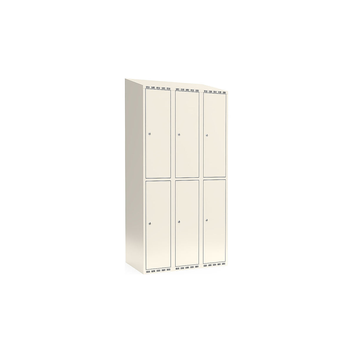 Fydor double deck clothes locker, 3 compartments, white, W 900 mm, sloping roof shape, cylinder lock.