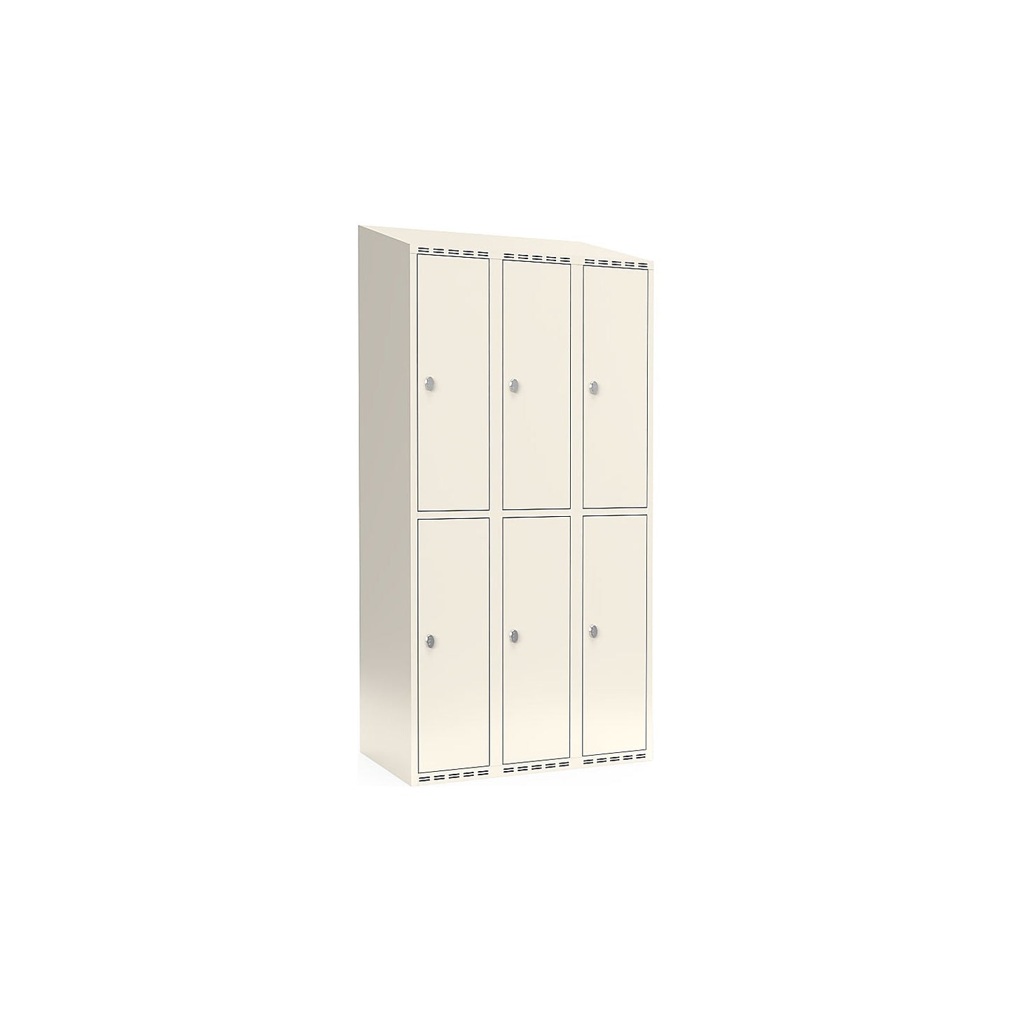 Fydor double deck clothes locker, 3 compartments, white, W 900 mm, sloping roof shape, padlock.