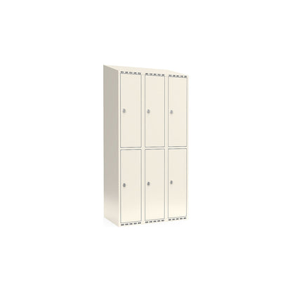 Fydor double deck clothes locker, 3 compartments, white, W 900 mm, sloping roof shape, padlock.