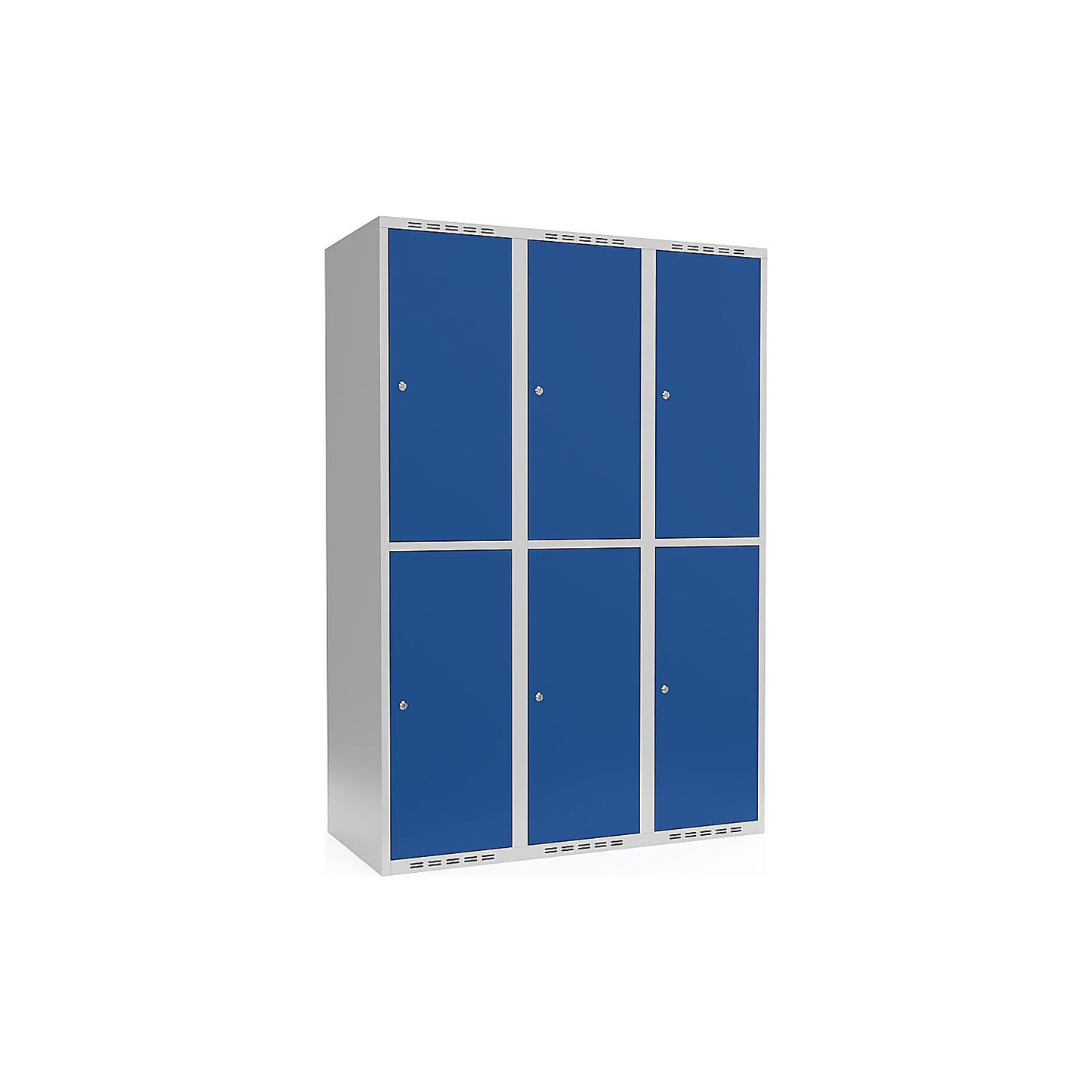Fydor double deck clothes locker, 3 compartments, light grey / gentian blue, W 1200 mm, flat roof shape, cylinder lock.