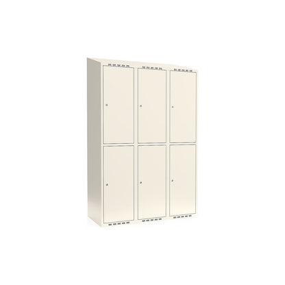 Fydor double deck clothes locker, 3 compartments, white, W 1200 mm, sloping roof shape, cylinder lock.