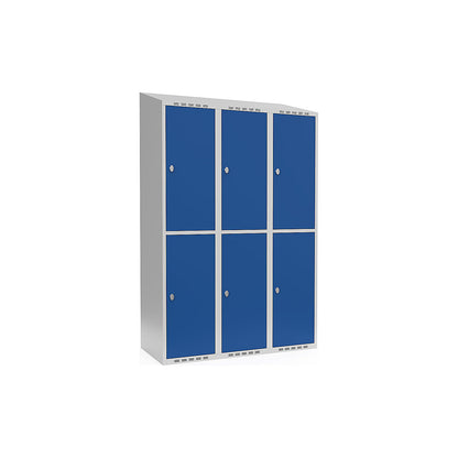 Fydor double deck clothes locker, 3 compartments, light grey / gentian blue, W 1200 mm, sloping roof shape, padlock.