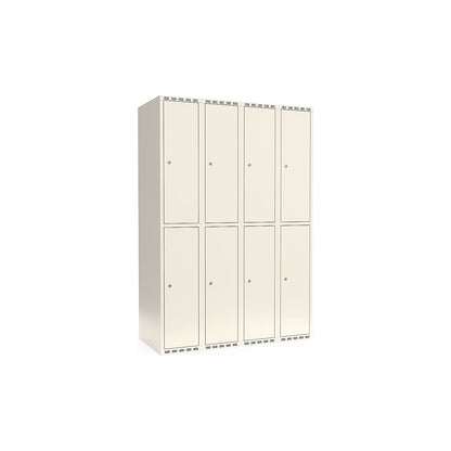 Fydor double deck clothes locker, 4 compartments, white, W 1200 mm, flat roof shape, cylinder lock.