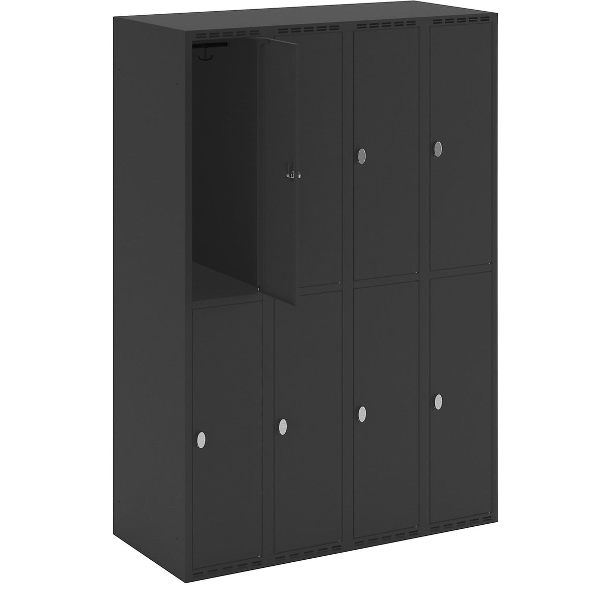 Fydor double deck clothes locker, 4 compartments, black, W 1200 mm, flat roof shape, padlock.