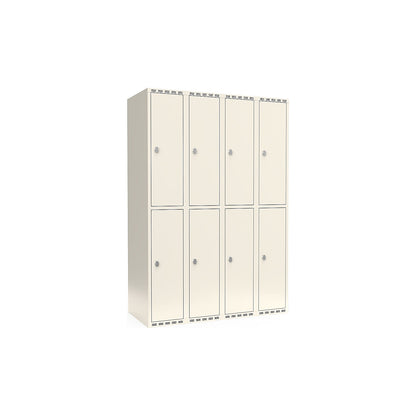 Fydor double deck clothes locker, 4 compartments, white, W 1200 mm, flat roof shape, padlock.