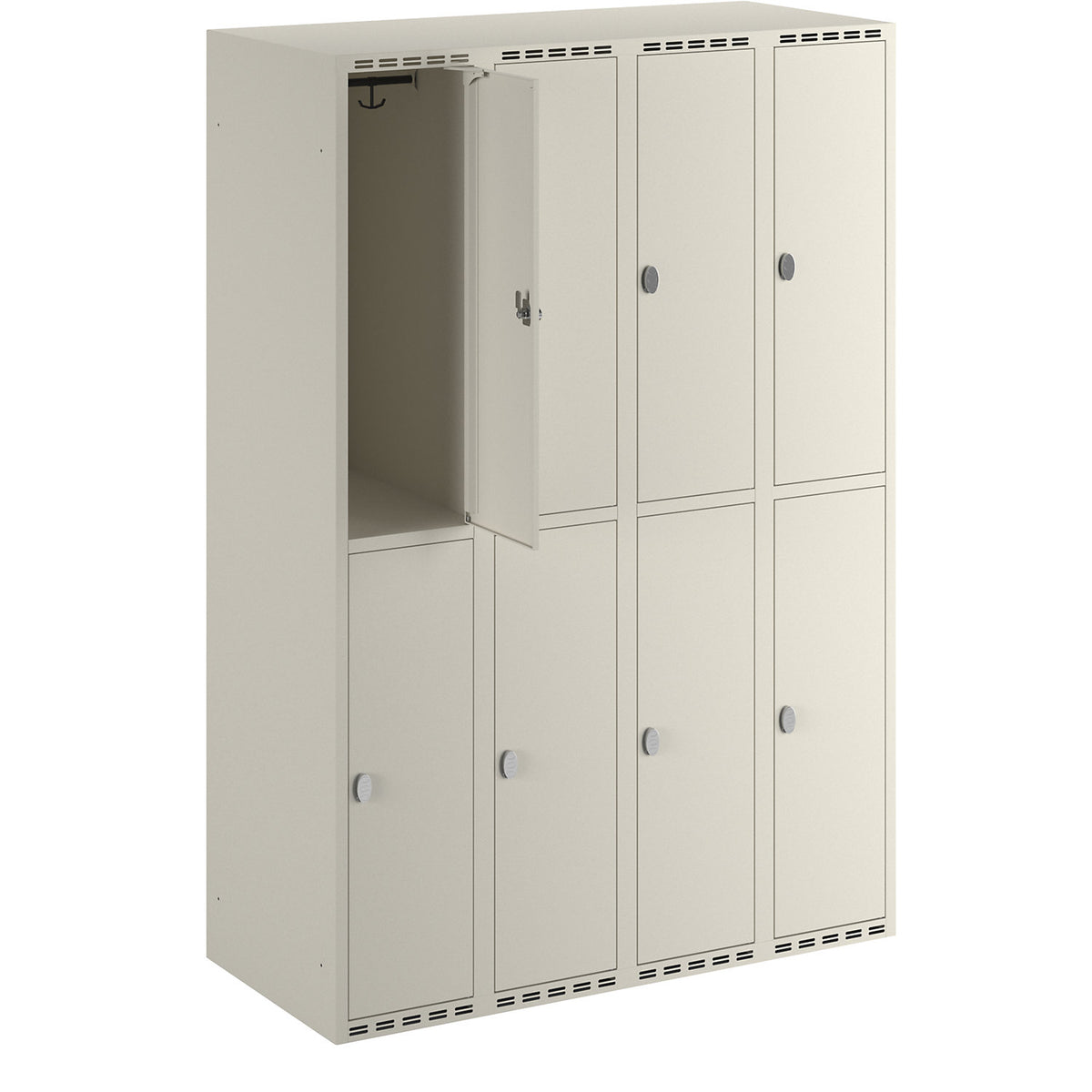 Fydor double deck clothes locker, 4 compartments, white, W 1200 mm, flat roof shape, padlock.