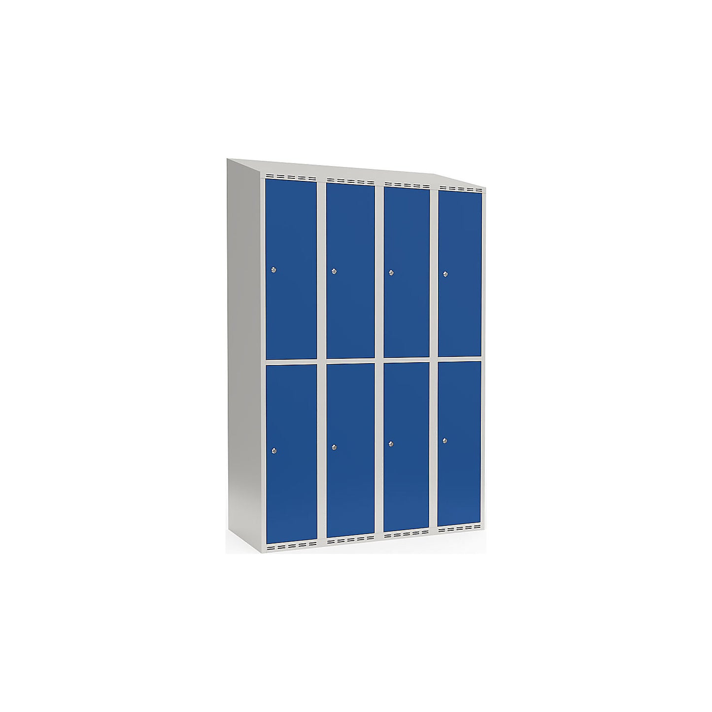 Fydor double deck clothes locker, 4 compartments, light grey / gentian blue, W 1200 mm, sloping roof shape, cylinder lock.