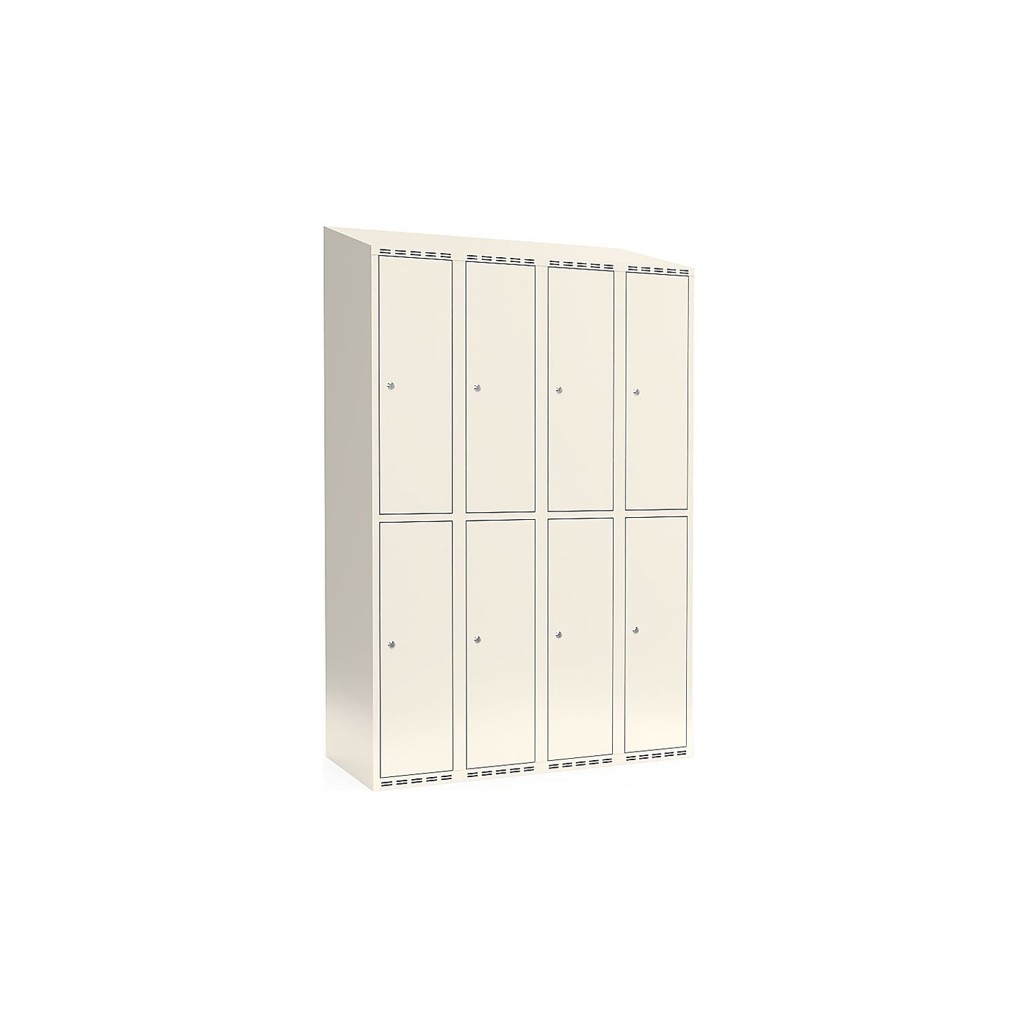 Fydor double deck clothes locker, 4 compartments, white, W 1200 mm, sloping roof shape, cylinder lock.