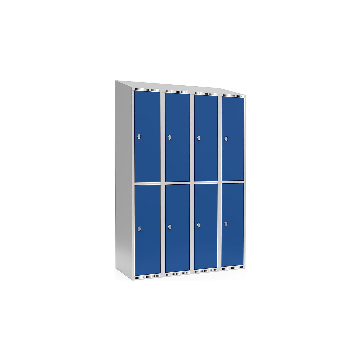 Fydor double deck clothes locker, 4 compartments, light grey / gentian blue, W 1200 mm, sloping roof shape, padlock.
