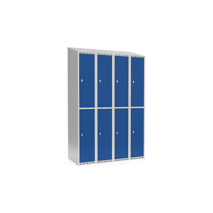 Fydor double deck clothes locker, 4 compartments, light grey / gentian blue, W 1200 mm, sloping roof shape, padlock.