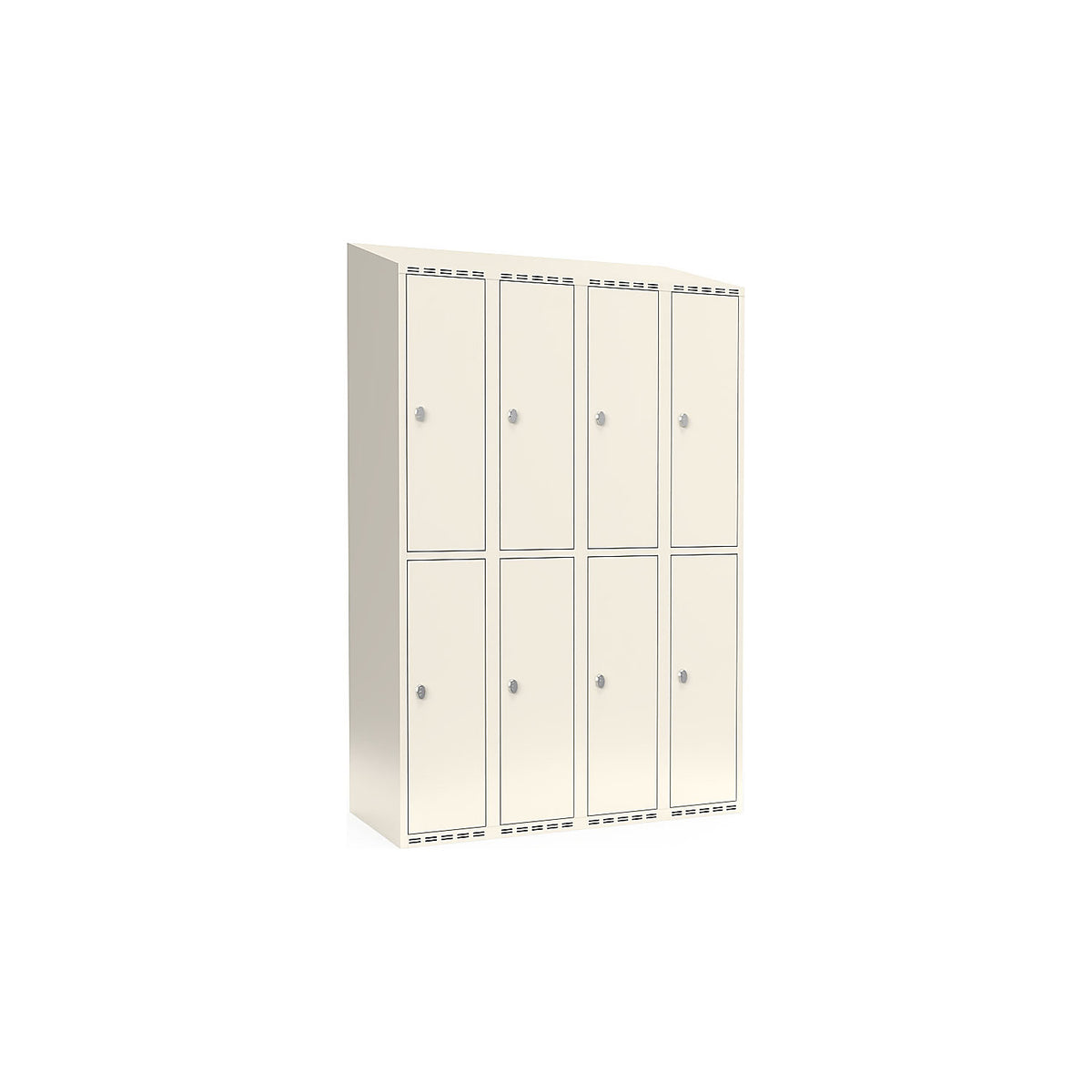 Fydor double deck clothes locker, 4 compartments, white, W 1200 mm, sloping roof shape, padlock.