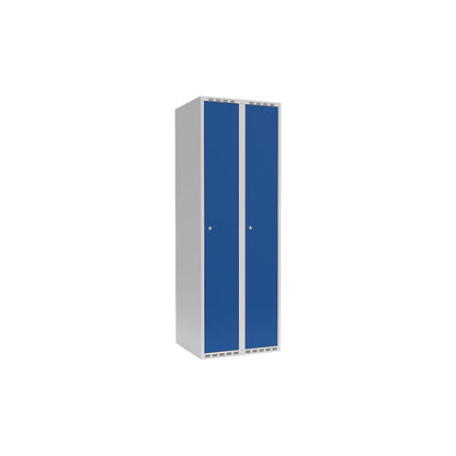 Fydor locker, 2 compartments, light grey / gentian blue, W 600 mm, flat roof shape, cylinder lock.