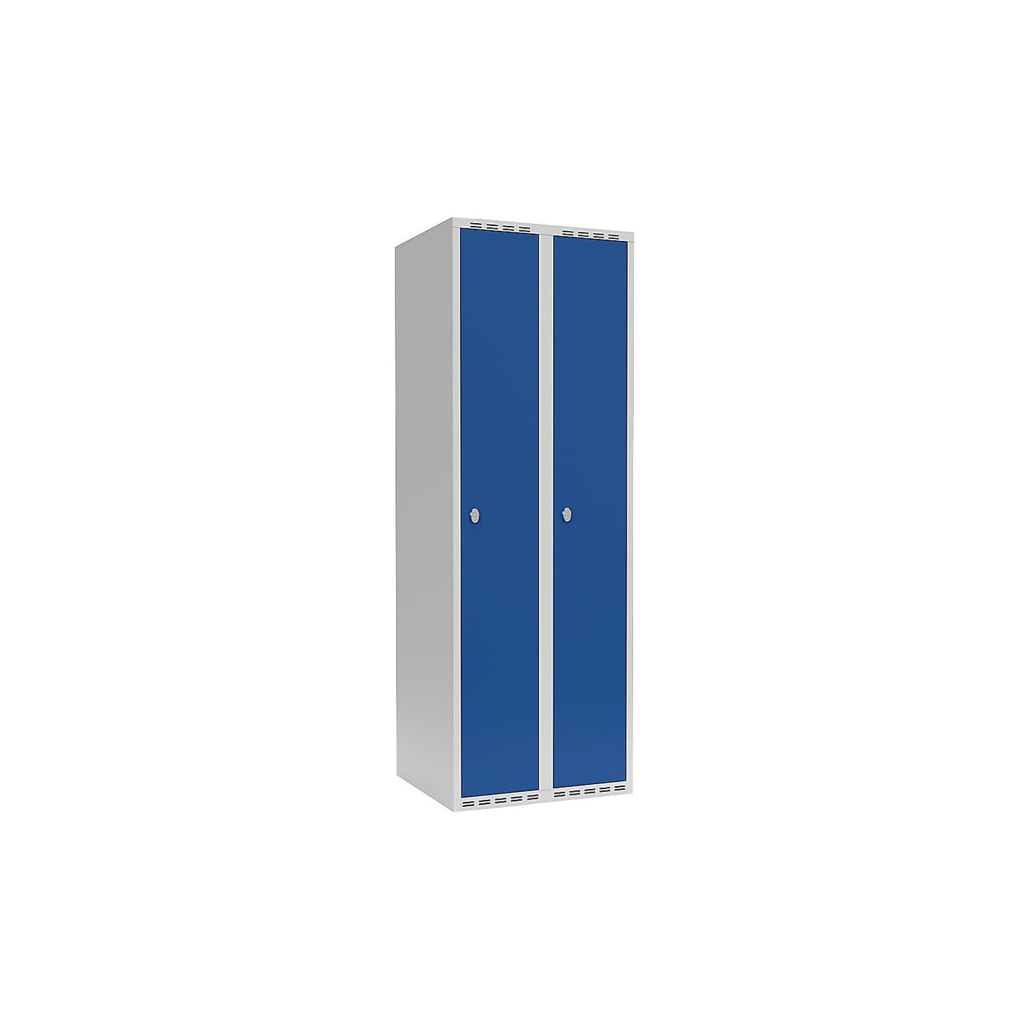 Fydor locker, 2 compartments, light grey / gentian blue, W 600 mm, flat roof shape, padlock.