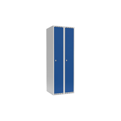 Fydor locker, 2 compartments, light grey / gentian blue, W 600 mm, flat roof shape, padlock.