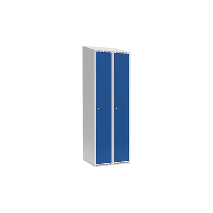 Fydor locker, 2 compartments, light grey / gentian blue, W 600 mm, sloping roof shape, cylinder lock.