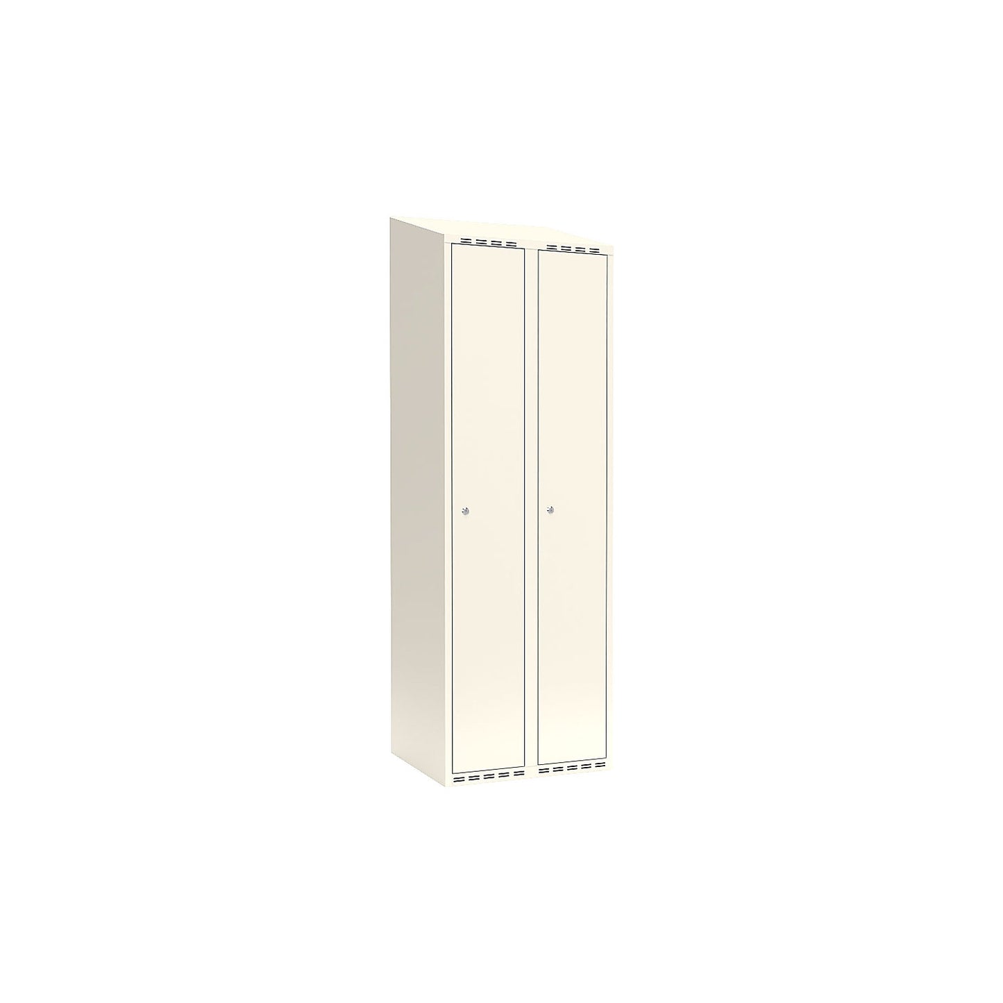 Fydor locker, 2 compartments, white, W 600 mm, sloping roof shape, cylinder lock.