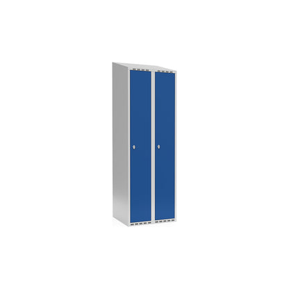 Fydor locker, 2 compartments, light grey / gentian blue, W 600 mm, sloping roof shape, padlock.