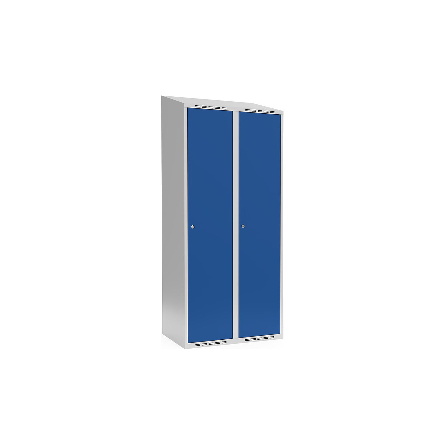 Fydor locker, 2 compartments, light grey / gentian blue, W 800 mm, sloping roof shape, cylinder lock.